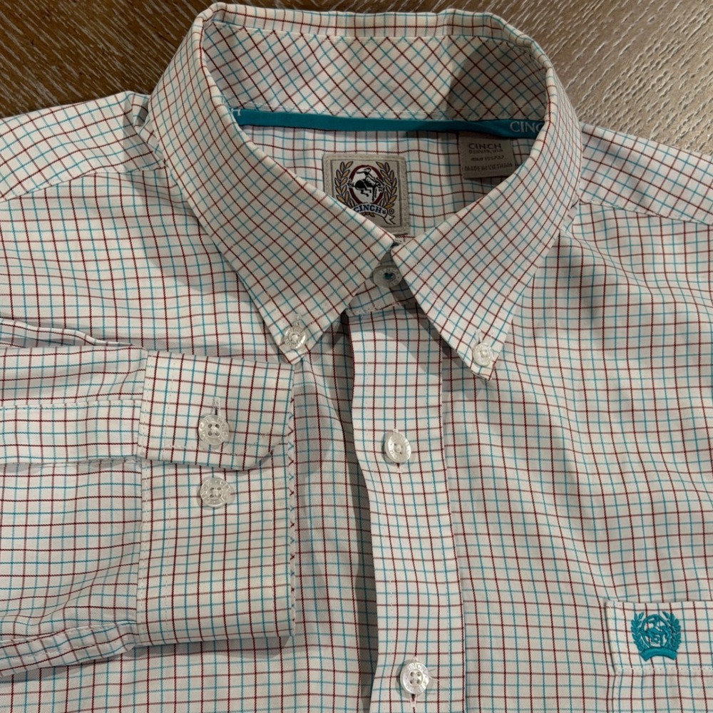 Cinch Mens Small Long Sleeve Button Down Western Shirt Teal Maroon Grid Check